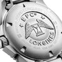 Close-up of the Longines HydroConquest back, showcasing its engraved logo, model and serial numbers, detailed specifications, and the renowned automatic movement unique to the HydroConquest collection.