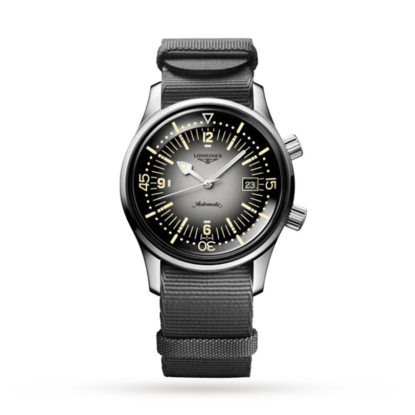 The Longines Legend Diver features a stainless steel case, black nylon strap, gradient black-to-silver dial with white luminescent markers, date at 3 oclock, two right-side crowns, and is powered by the reliable L888 calibre movement.