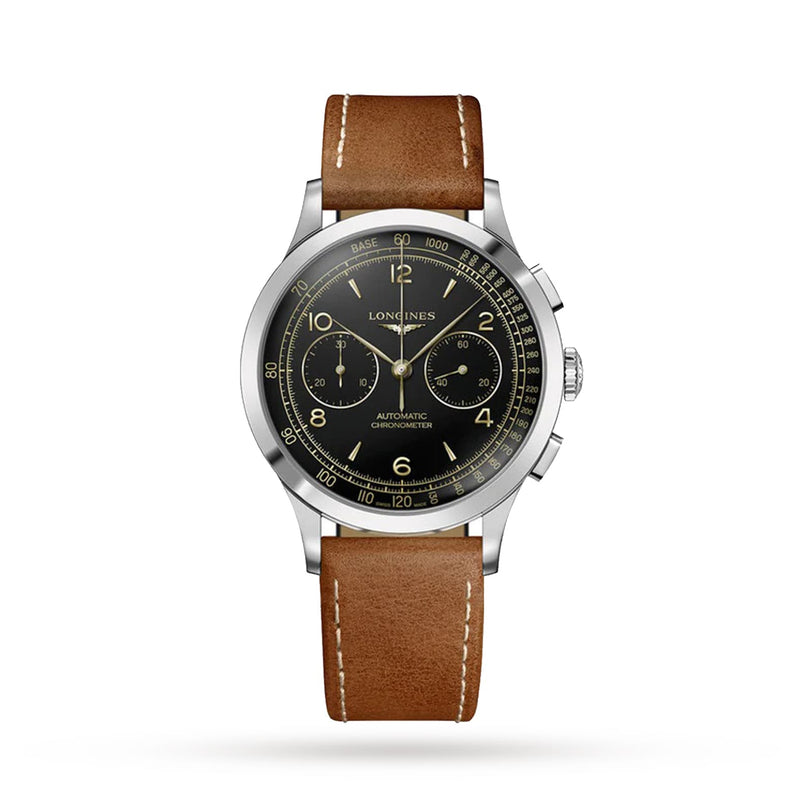 The Longines Record Chronograph features a black dial, stainless steel case, brown leather strap, chronograph functions, and automatic movement.