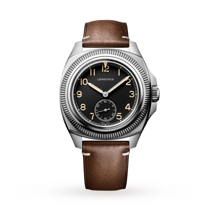 The Longines Pilot Majetek is a classic wristwatch with a brown leather strap and a black dial featuring gold numerals.