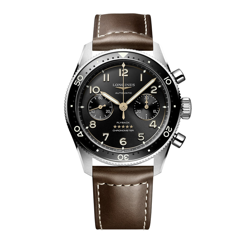 The Longines Spirit Flyback wristwatch features a brown leather strap, black dial, and chronograph subdials.