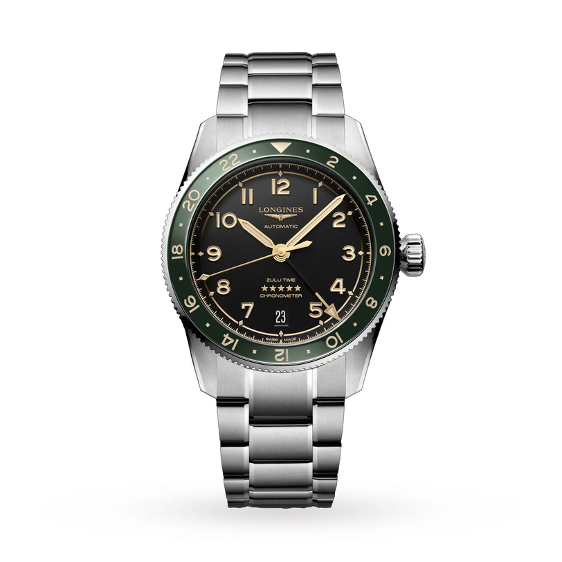 The Longines Spirit Zulu Time wristwatch features a stainless steel case, green ceramic bezel, black dial with gold Arabic numerals, and a metal link bracelet, shown on a white background.