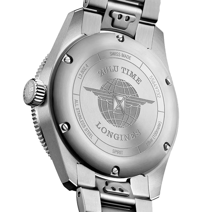 The back of the Longines Spirit Zulu Time watch features an engraved globe and text on its stainless steel case.