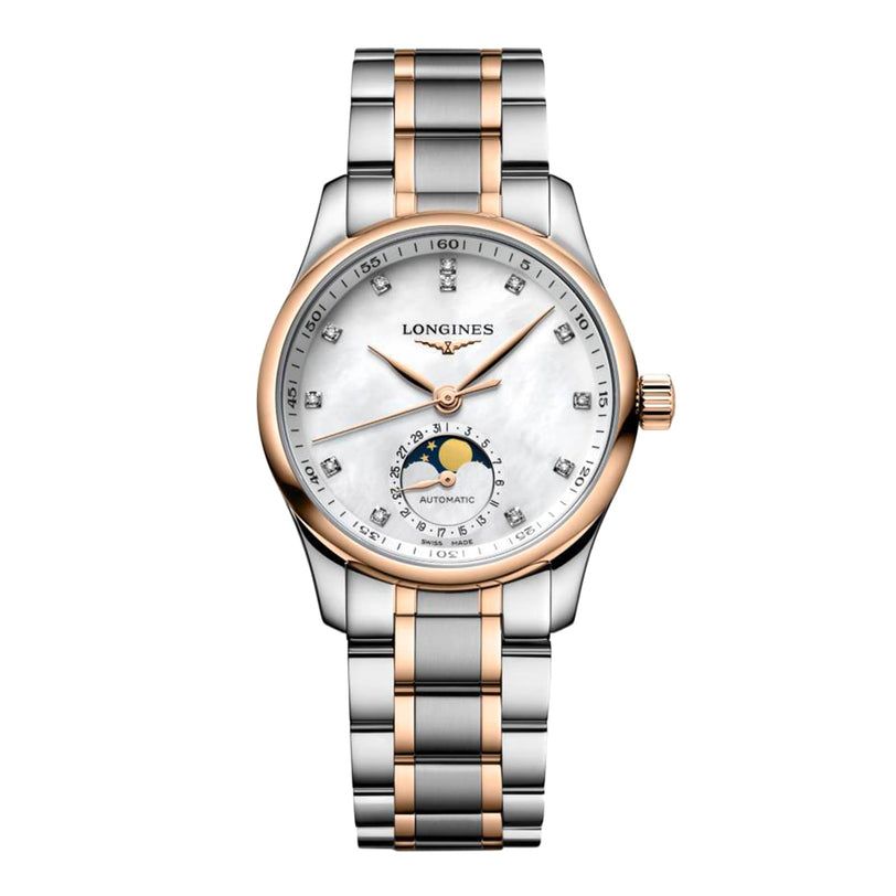 The Longines Master Collection Moonphase features a mother-of-pearl dial, diamond hour markers, date display, moon phase subdial, and a two-tone silver and rose gold bracelet.