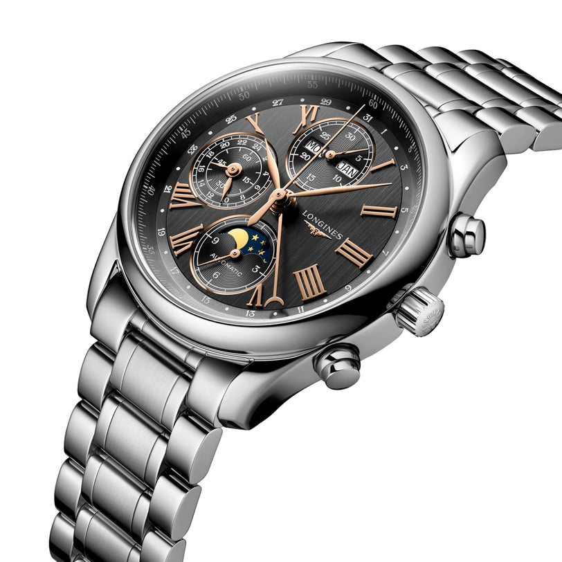 The Longines Master Collection Chrono Moonphase is a stainless steel watch featuring a black dial, gold Roman numerals, three subdials, date display, and an elegant moon-phase complication.
