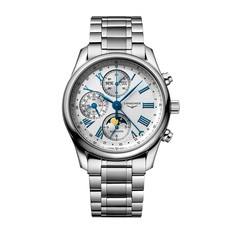 The Longines Master Collection Chrono Moonphase features a silver stainless steel bracelet, white dial with blue hands, Roman numerals, multiple subdials, and a Moonphase display.
