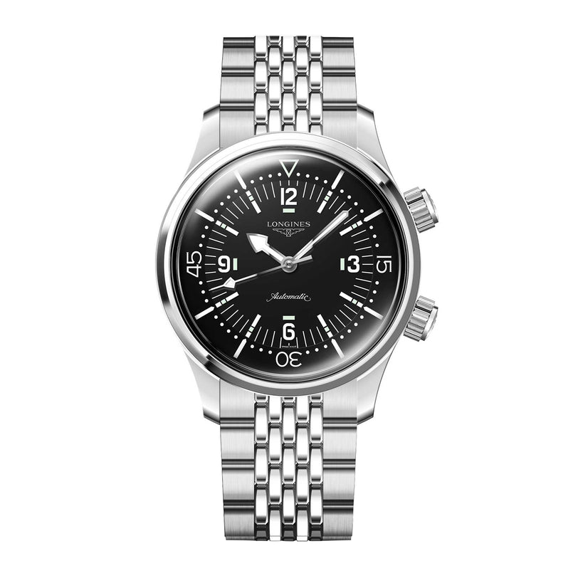 The Longines Legend Diver is a stainless steel wristwatch featuring a black dial, white markers, and a metal link bracelet.