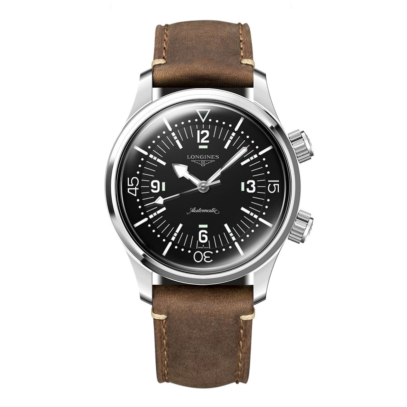 The Longines Legend Diver is a vintage-inspired automatic watch with a black dial, white markers, two crowns, and a brown leather strap, shown on a white background.