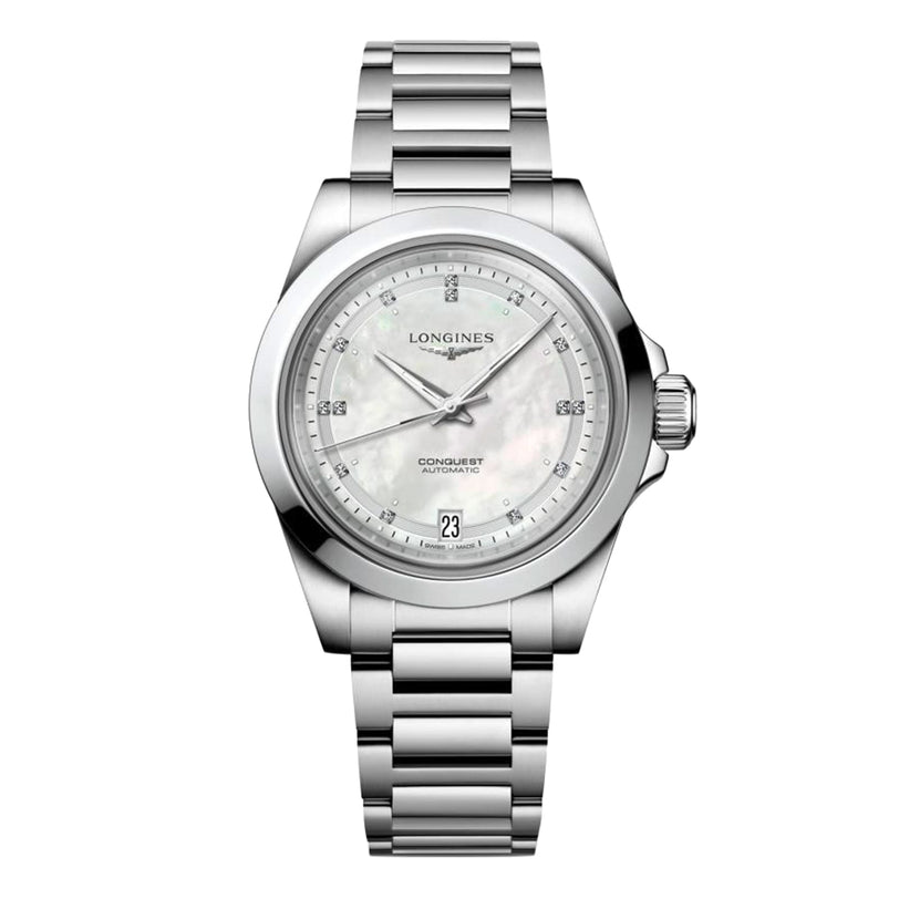 A Longines Conquest watch with a stainless steel case, silver bracelet, white dial, date at 6 o’clock, and silver-tone hands and markers from the renowned Conquest collection.