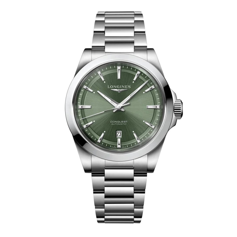 The Longines Conquest wristwatch features a green dial, silver hour markers and hands with Swiss Super-LumiNova, and a date window at 6 o’clock. Crafted in stainless steel.