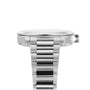 Side view of the Longines Conquest wristwatch with a stainless steel case, metal band, and crown, set against a white background.
