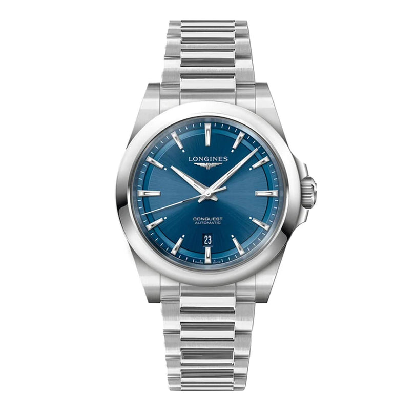 The Longines Conquest wristwatch features a stainless steel case, sunray blue dial, silver hour markers and hands, a date window at 6 oclock, and a metal link bracelet.