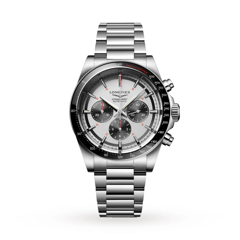 A Longines Conquest Chronograph stainless steel watch with a silver dial, black bezel, three subdials, and metal link bracelet featuring an automatic movement, shown on a white background.