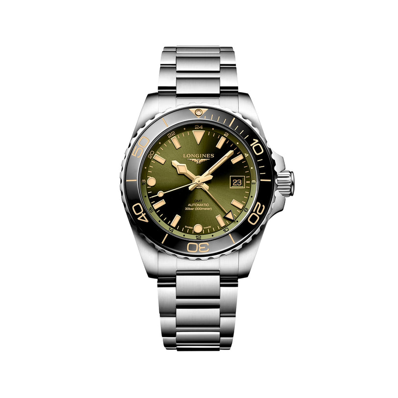 The Longines HydroConquest is a stainless steel diving watch featuring a green and gold dial, ceramic bezel, date display at 3 oclock, and a metal link bracelet.