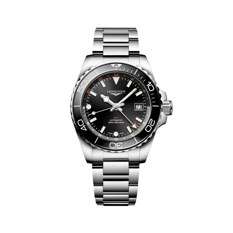 The Longines HydroConquest GMT is a stainless steel diving watch featuring a black dial, silver hour markers, date window at 3 o’clock, rotating bezel, and excellent water resistance.