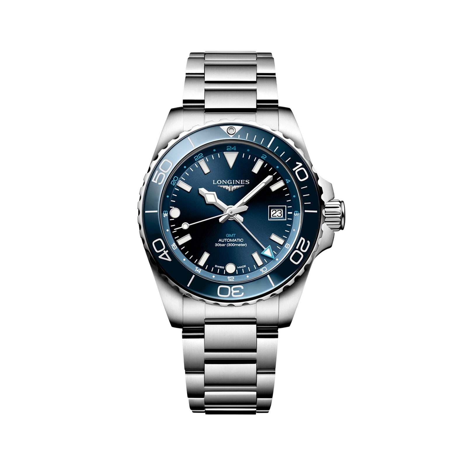 The Longines HydroConquest, a stainless steel diving watch with a blue dial, date display, and matching blue rotating bezel, is shown against a white background.