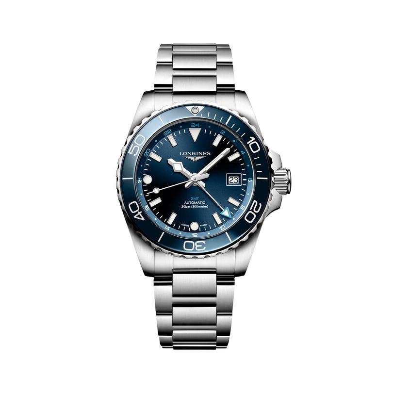 The Longines HydroConquest, a stainless steel diving watch with a blue dial, date display, and matching blue rotating bezel, is shown against a white background.