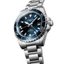 A Longines HydroConquest stainless steel diving watch with a blue dial, date display, rotating bezel, and metal bracelet is displayed at an angle on a white background.