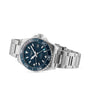The Longines HydroConquest diving watch, with a stainless steel case, blue dial and bezel, silver hour markers, and metal link bracelet, is displayed at an angle on a white background.