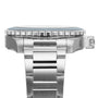 Side view of the Longines HydroConquest diving watch with a stainless steel case, metal bracelet, knurled bezel, and crown visible on the right.