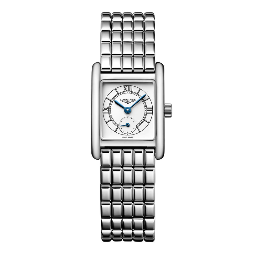 The Longines Mini DolceVita is a rectangular silver wristwatch featuring a metal link band, white dial with Roman numerals, and blue hands, blending elegance with contemporary style.
