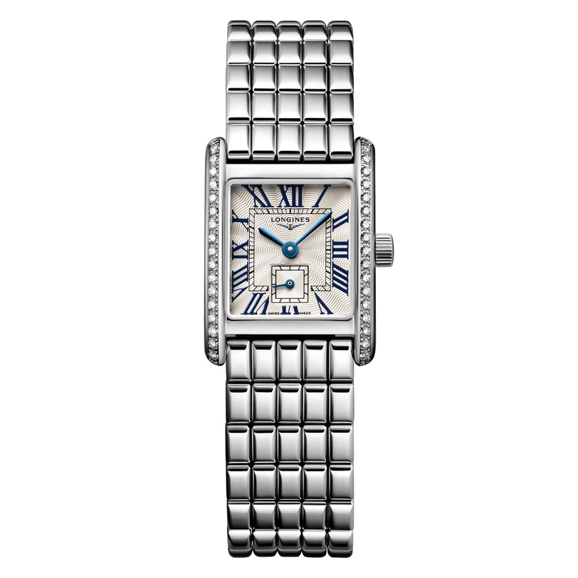The Longines Mini DolceVita features a rectangular stainless steel case, metal link band, Top Wesselton diamond-set bezel, white dial with blue hands, and Roman numeral markers.