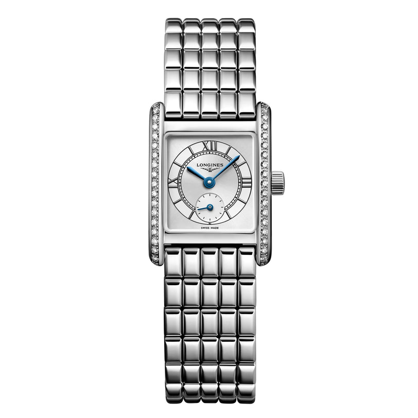 The Longines Mini DolceVita features a rectangular case, stainless steel bracelet, white dial with blue hands, Roman numerals, and Top Wesselton diamond accents along the sides of the face.