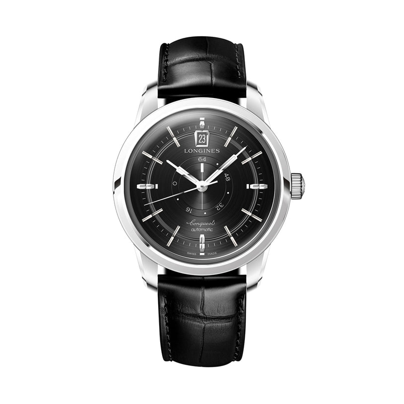 The Longines Conquest Heritage Central Power Reserve features a black dial with silver markers, date display at 12 o’clock, stainless steel case, and black leather strap.