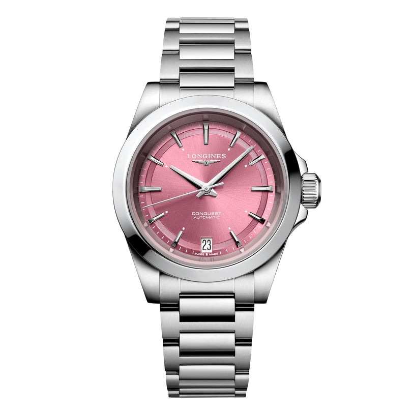 The Longines Conquest wristwatch features a silver metal link band, pink dial, and date display.