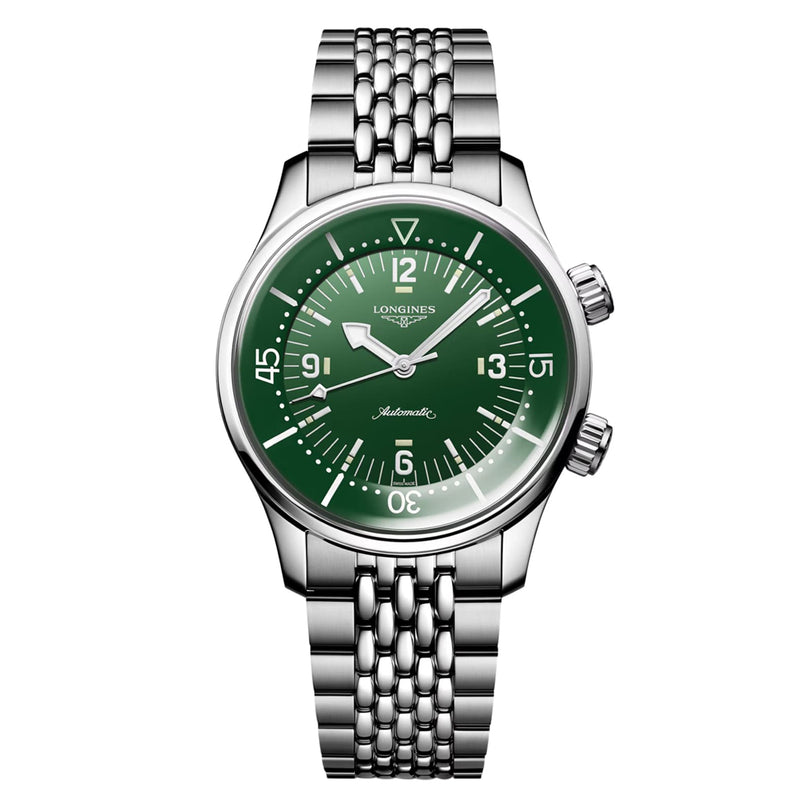 The Longines Legend Diver is a stainless steel wristwatch with a green dial, white indices, metal link bracelet, and two crowns on the right side for enhanced performance.