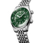 The Longines Legend Diver stainless steel wristwatch features a green dial with white markers and a metal link bracelet, showcased on white—blending elegance and high-performance precision.