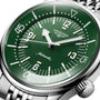 Close-up of the Longines Legend Diver automatic wristwatch, featuring a green dial with white numerals and a stainless steel bracelet—an elegant fusion of style and performance.