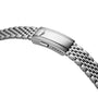 Close-up of the stainless steel Legend Diver bracelet by Longines, showing a deployment clasp with a textured logo—a refined detail for those who value timing watches and outstanding performance.
