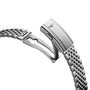 Close-up of a Longines Legend Diver stainless steel bracelet with a partially open deployment clasp, highlighting its precise locking mechanism and detailed links—a testament to Longines’ dedication to performance.