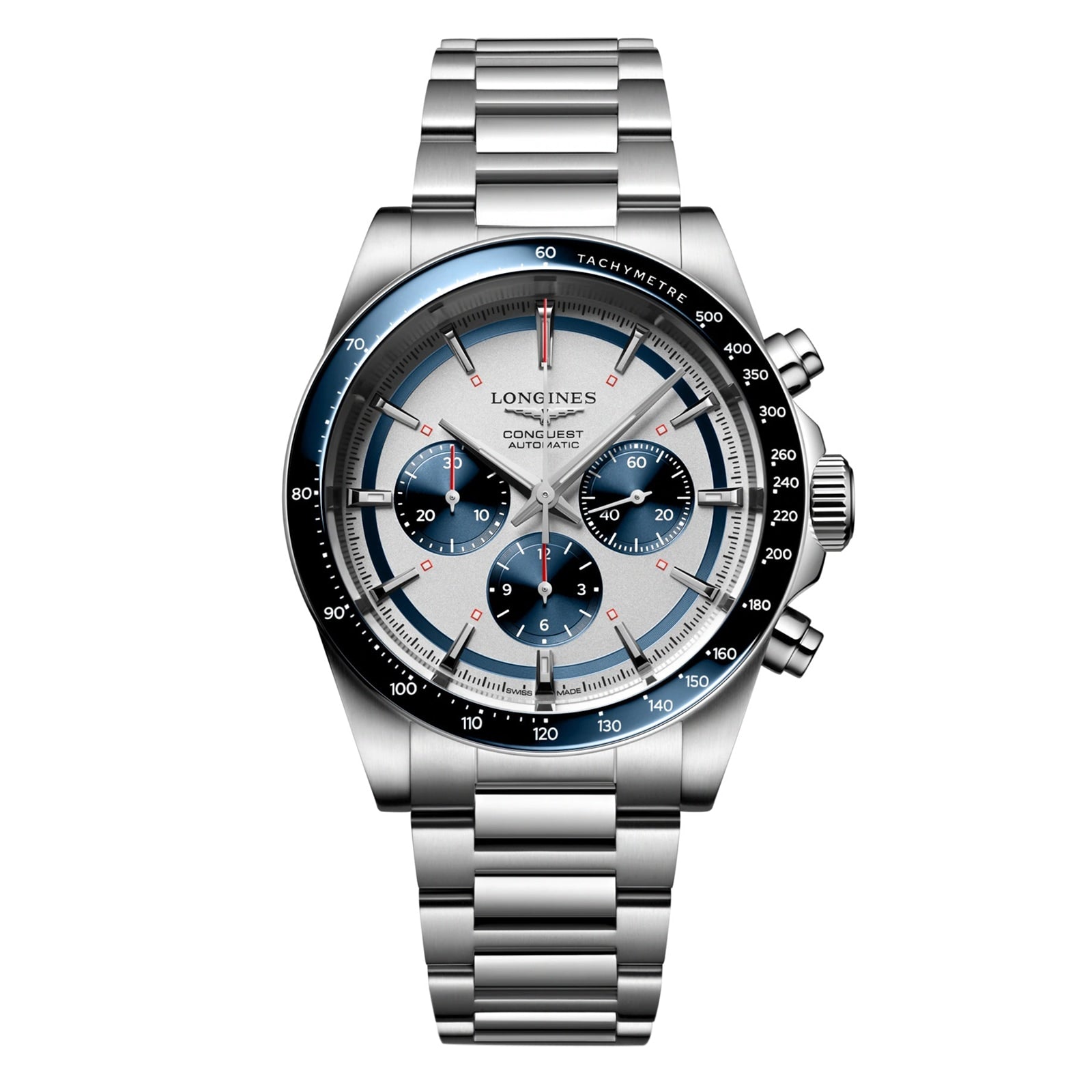 The Longines Conquest Chronograph features a stainless steel case, silver and blue dial with three subdials, tachymeter bezel, metal link bracelet, and is powered by an automatic movement.
