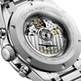 Close-up of the Longines Conquest Chronographs stainless steel back, revealing its self-winding movement through a transparent case back.