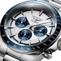 Close-up of the Longines Conquest Chronograph featuring a silver dial, blue bezel with tachymeter, three blue subdials, and a stainless steel bracelet with self-winding movement.