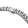 Close-up view of a silver metal Longines Conquest Chronograph bracelet, featuring a clasp engraved with the Longines logo, set against a white background.