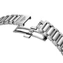 Close-up of a stainless steel Longines Conquest Chronograph bracelet with a partially open deployment clasp displaying the Longines logo—a perfect match for its automatic movement.