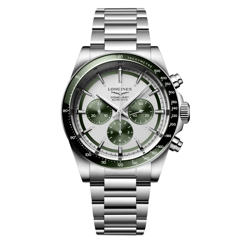 The Longines Conquest Chronograph is a stainless steel watch with a self-winding movement, green bezel and subdials, and a silver bracelet, shown on a white background.