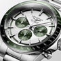 Close-up of the Longines Conquest Chronograph watch in stainless steel featuring a green and silver dial, three subdials, tachymeter bezel, and self-winding movement.