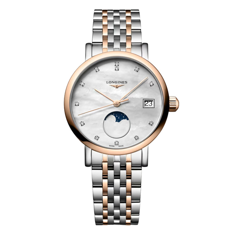The Longines Elegant Collection Moonphase watch features a two-tone silver and rose gold bracelet, diamond hour markers, moonphase display, date at 3 o’clock, and a white mother-of-pearl dial.