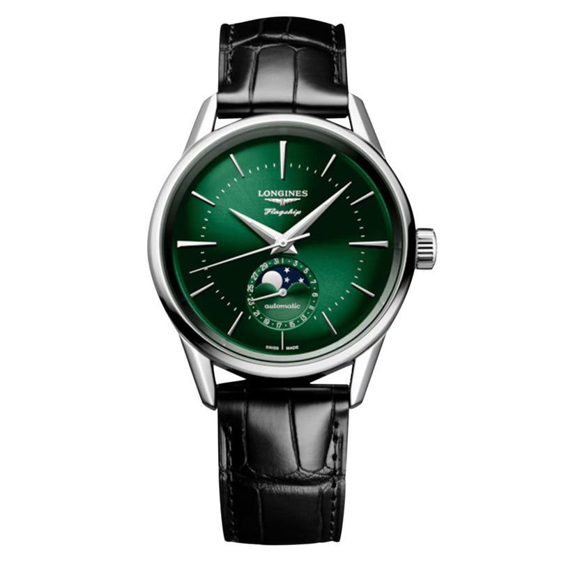 The Longines Flagship Heritage Moonphase features a green dial, moonphase display, silver hands and hour markers, and a black leather strap—blending timeless elegance with precision.