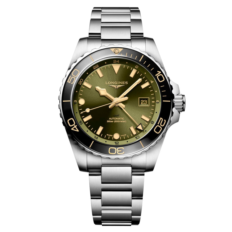 The Longines Hydroconquest is a stainless steel wristwatch featuring an olive green dial, date display at 3 o’clock, unidirectional rotating bezel, and robust water resistance.