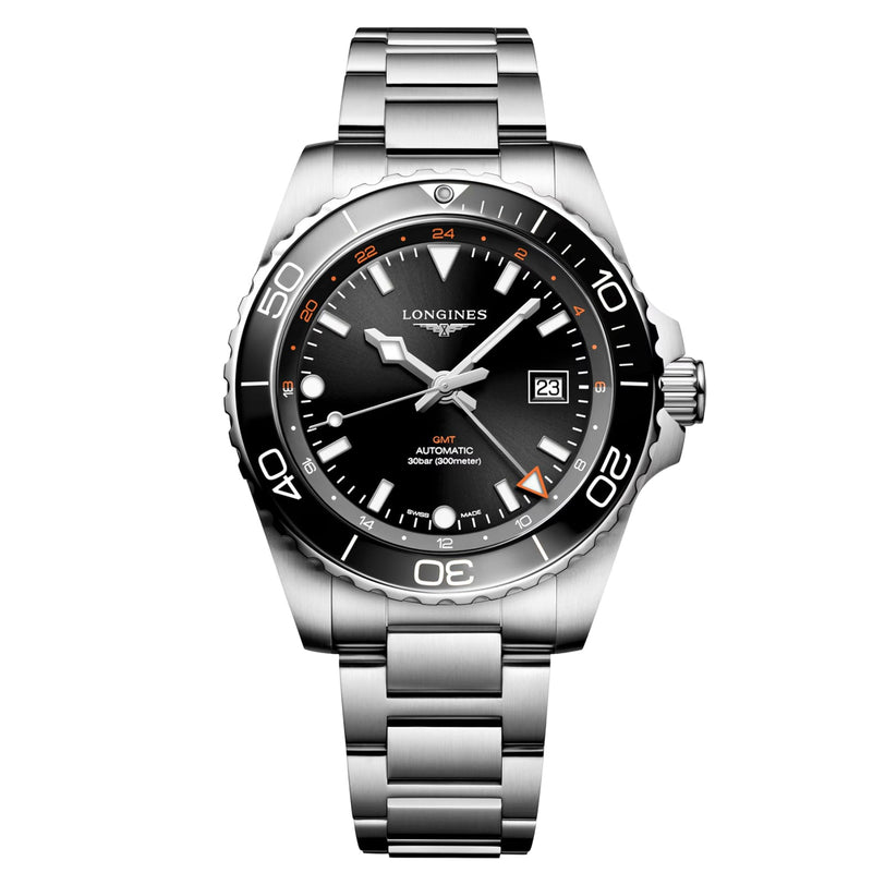 The Longines Hydroconquest is a stainless steel wristwatch featuring a black dial, silver markers, date display, rotating bezel, metal link bracelet, and strong water resistance.
