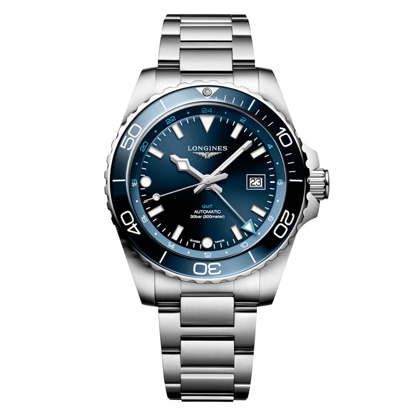 The Longines HydroConquest features a stainless steel case, blue bezel, blue gradient dial with date at 3 oclock, silver hour markers, and a stylish metal bracelet.
