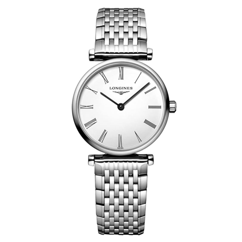 The Longines La Grande Classique de LONGINES wristwatch features classic elegance with a white dial, Roman numerals, metal link bracelet, and silver-tone finish. The watch hands are set at 10:10.