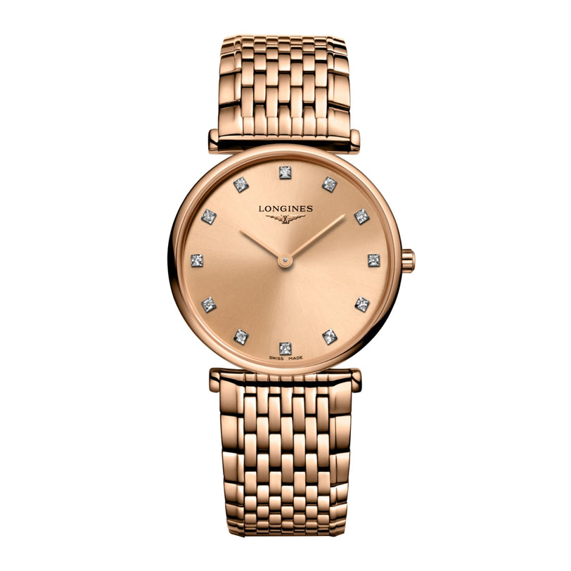 The Longines La Grande Classique de LONGINES wristwatch features a gold-tone round face with diamond hour markers and a woven metal bracelet, displayed on a white background.