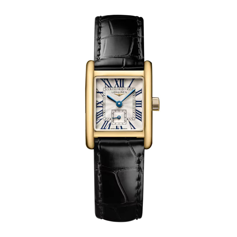 The Longines Mini DolceVita is a gold rectangular wristwatch featuring a white dial, blue Roman numerals, and a black leather strap—an elegant luxury option for watch enthusiasts.