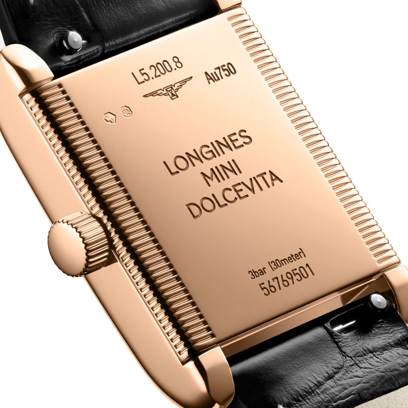 Back view of the Longines Mini DolceVita, featuring a rectangular gold case, model and serial numbers, and a classic black leather strap.